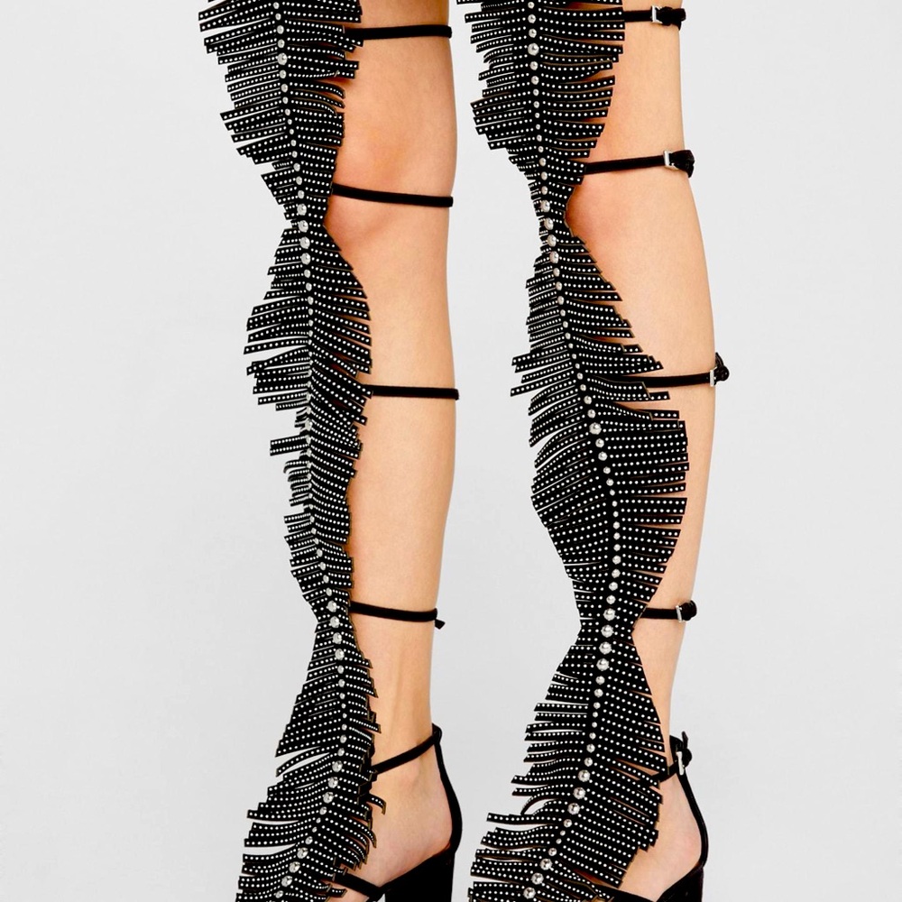 New Alaia studded black suede fringe thigh-high gladiator sandals. Size 37
